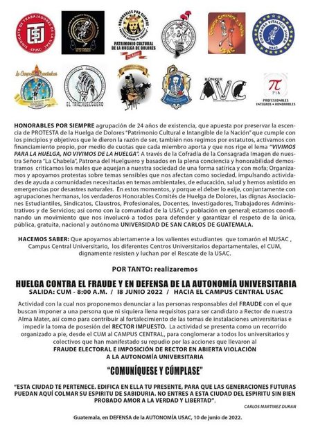 Estudiantes de la Usac anuncian marcha para el sÃ¡bado 18 de junio